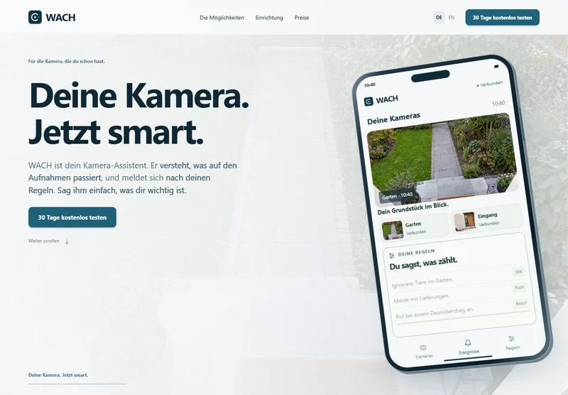 WACH: aktuelle Produktwebsite mit Kameraübersicht und beispielhaften Regeln