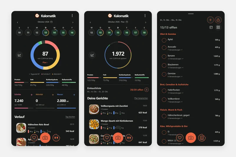 Kalomatik: Tagebuch, Wochenplanung und Einkaufsliste aus der aktuellen Produktseite mit Beispieldaten