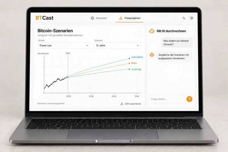 BTCast auf einem Laptop: Bitcoin-Szenarien, Modellparameter und gemeinsamer Vergleich mit KI.