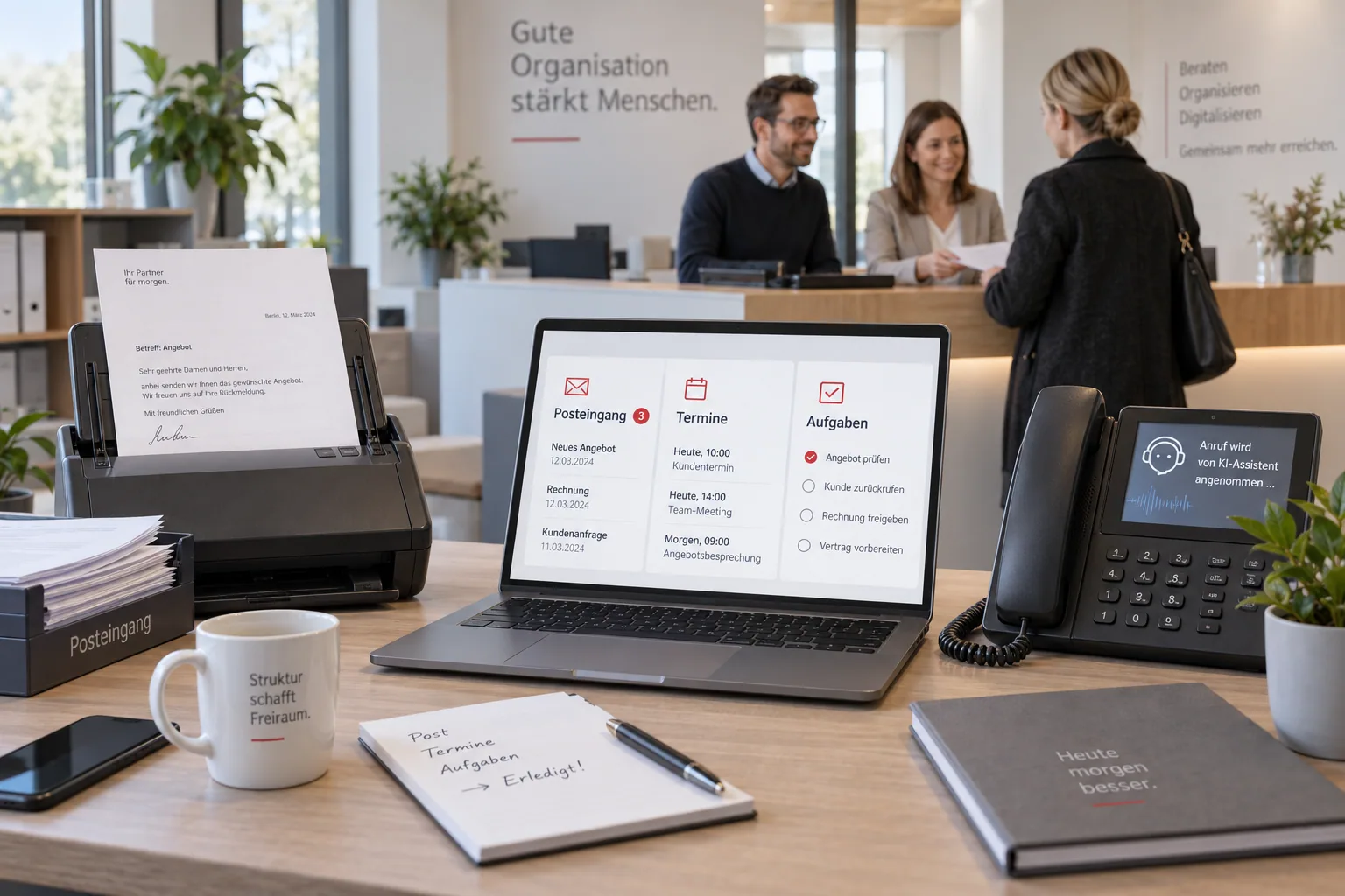 Business Office & Frontdesk illustration: a scanner, phone and shared calendar with tasks in a professional office.