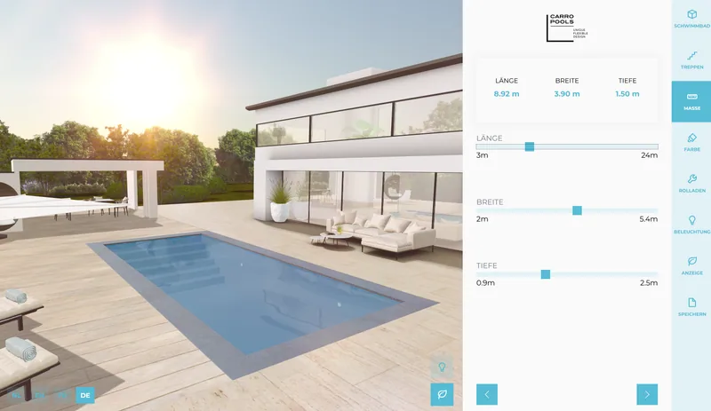 Carro Pools: echter 3D-Konfigurator mit Maßen und Ausstattung