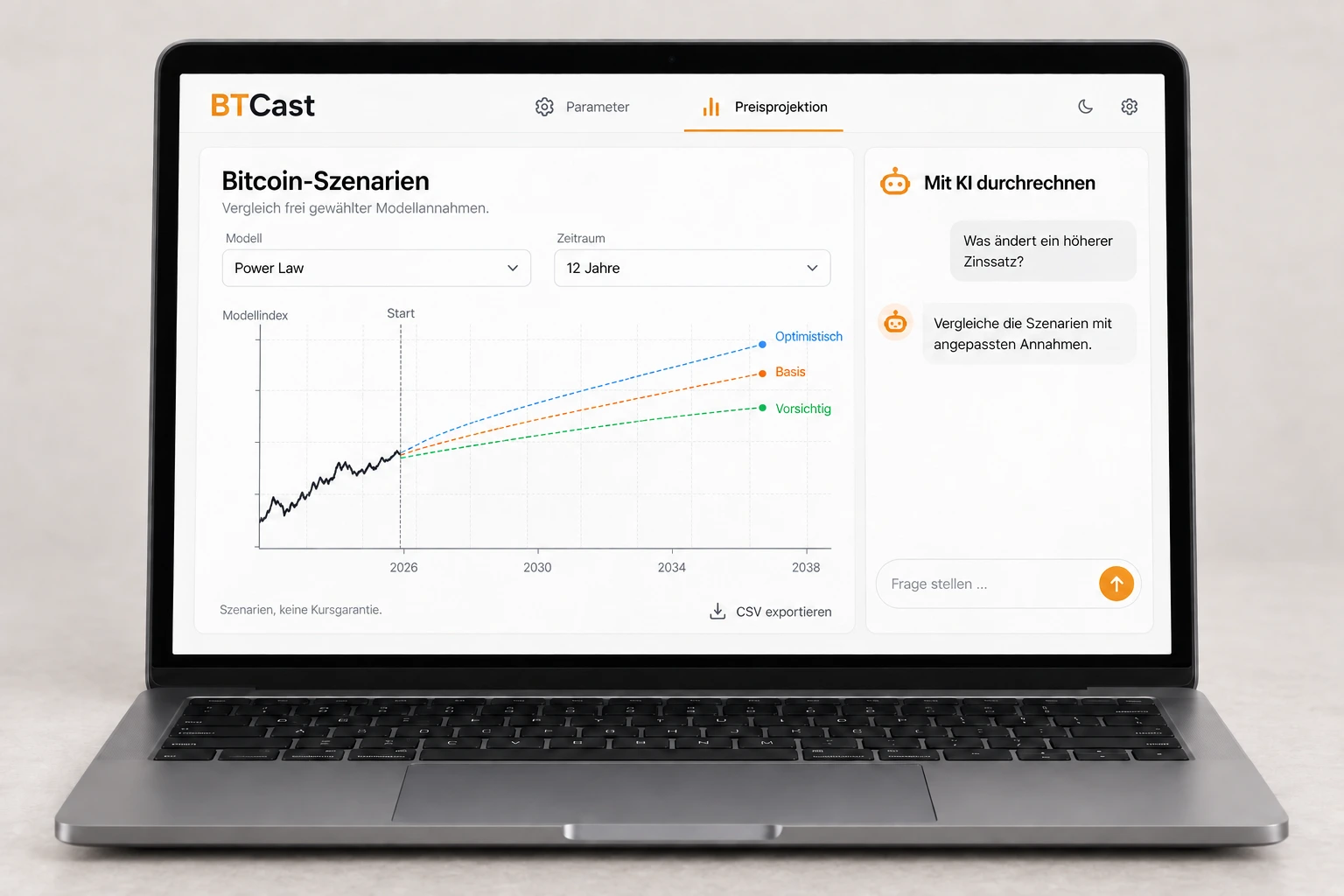 BTCast auf einem Laptop: Bitcoin-Szenarien, Modellparameter und gemeinsamer Vergleich mit KI.