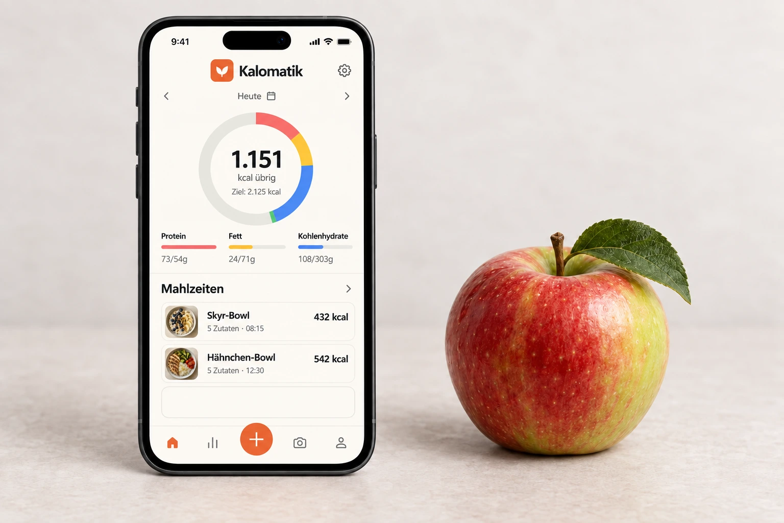 Kalomatik scannt einen Apfel mit der Handykamera und erfasst geschätzte 95 kcal für 180 g.