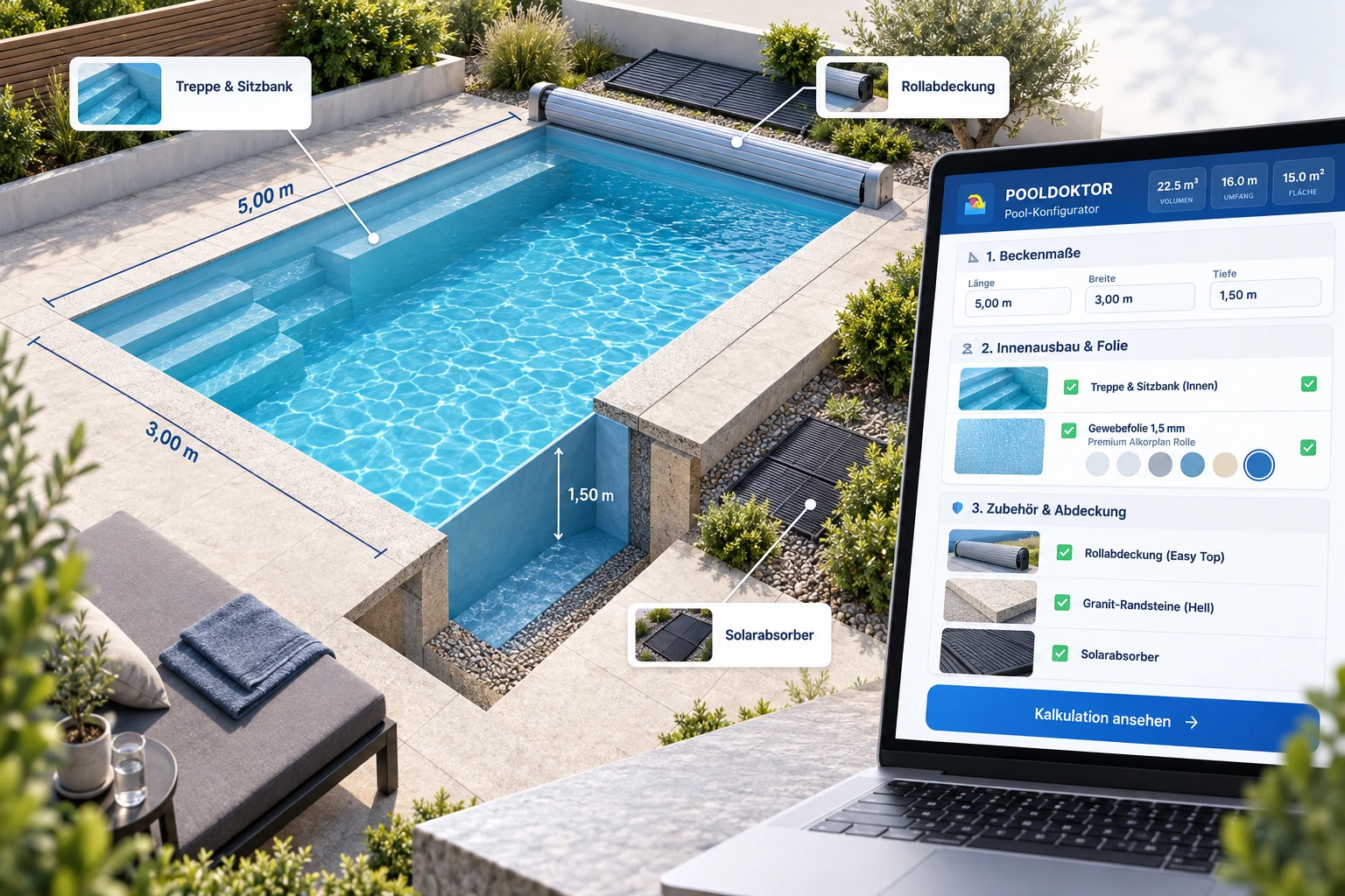 Pool-Konfigurator mit räumlicher Poolansicht, Maßangaben für Länge, Breite und Tiefe, Treppe, Abdeckung und Zubehörauswahl auf einem Laptop.