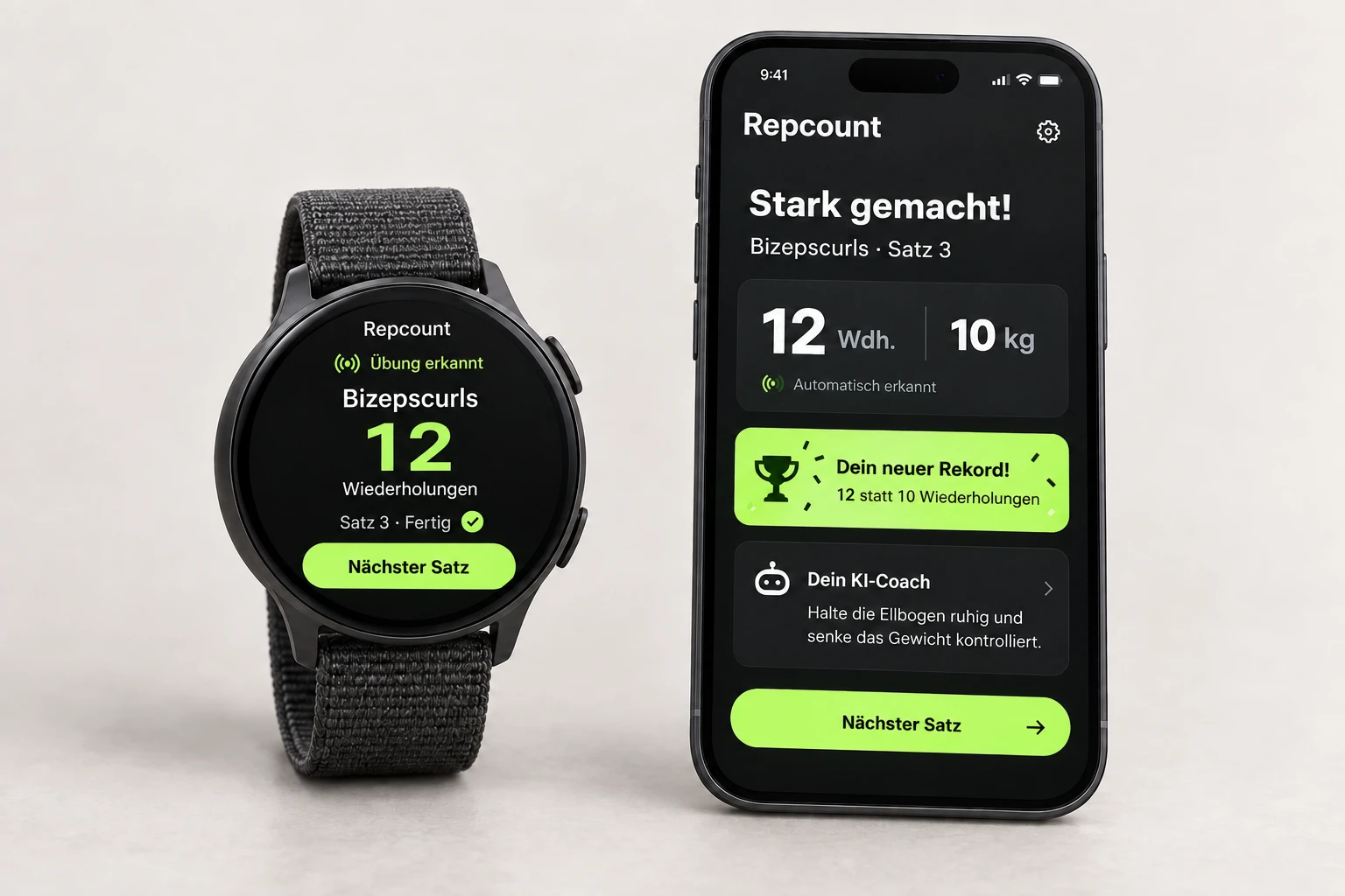 Repcount auf Uhr und Handy: Übungserkennung, Wiederholungen, Ausführungstipp und persönlicher Rekord.