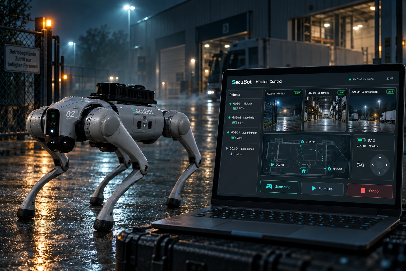 SecuBot Go2 auf nächtlicher Patrouille, darüber ein eingeblendeter Laptop mit Roboterliste und mehreren Live-Kamerabildern.