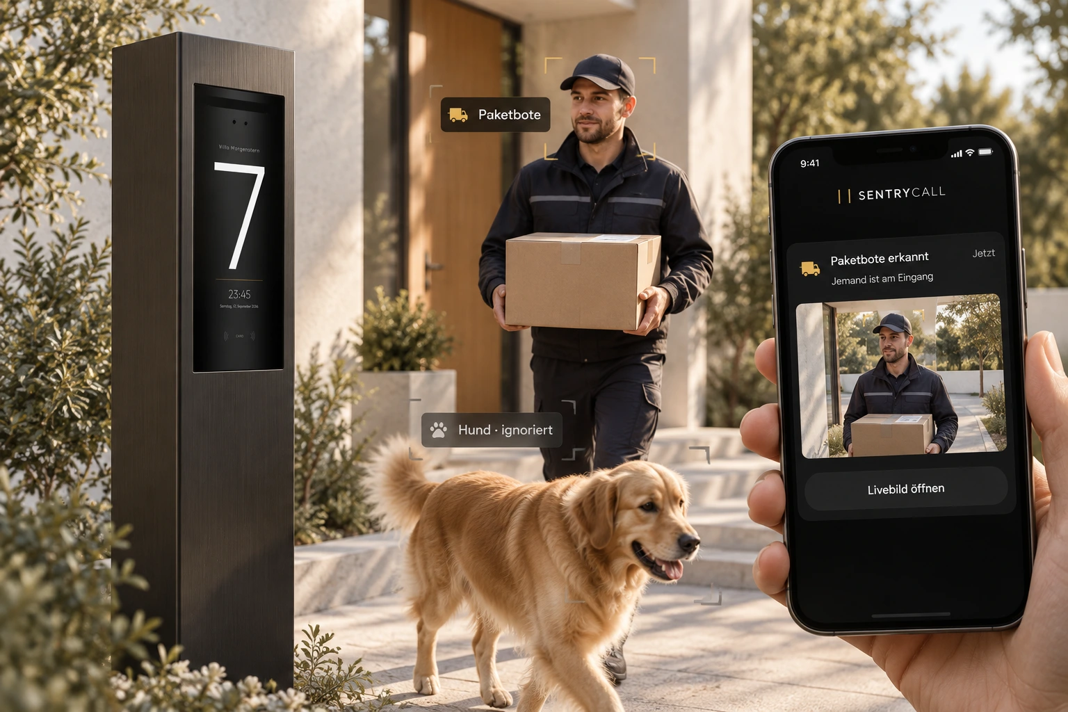 SentryCall-Glaspanel in einer Stele. Geplanter KI-Ausbau: Ein Paketbote löst eine Handy-Benachrichtigung aus, ein Hund wird ignoriert.